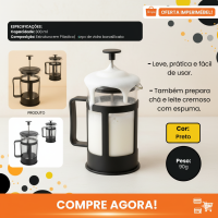 Cafeteira e Prensa Francesa Prensa Manual Aco Inox Capacidade Portatil 300ml de Alta Durabilidade